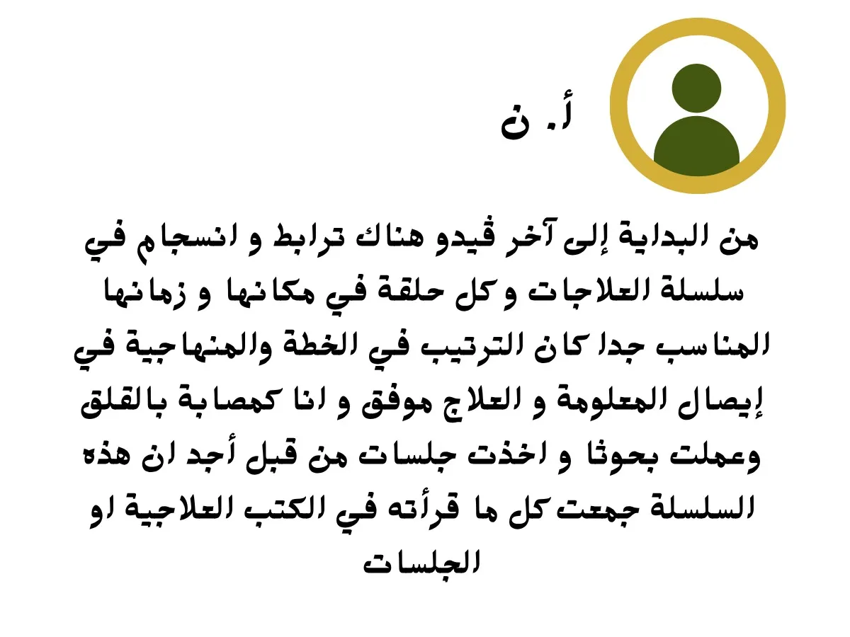من البداية إلى آخر ڤيدو هناك ترابط و انسجام في سلسلة العلاجات و كل حلقة في مكانها و زمانها المناسب جدا كان الترتيب في الخطة و المنهاجية في إيصال المعلومة و العلاج موفق و انا كمصابة بالقلق و عملت بحوثا و اخذت جلسات من قبل أجد ان هذه السلسلة جمعت كل ما قرأته في الكتب العلاجية او الجلسات